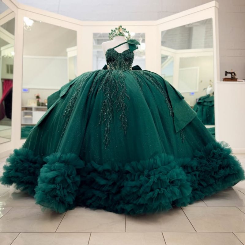 Embroidery Glass Beads - EVLAST Customized Mexican Green Quinceanera Dress