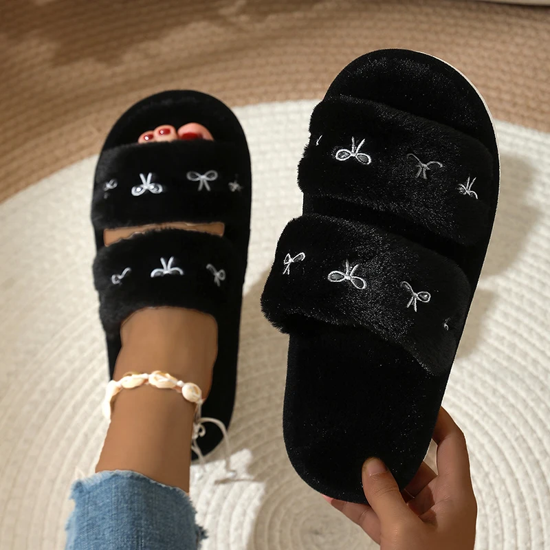 Embroidery Designer - Fashion Bow Embroidery Fluffy Slippers Women