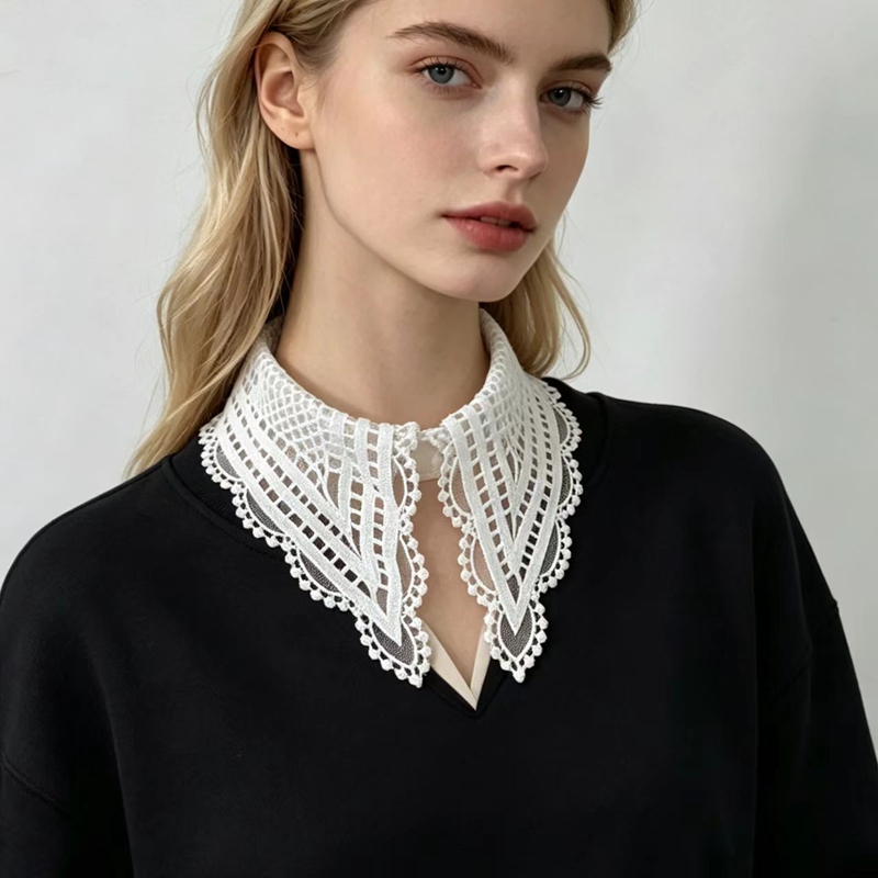 Embroidery A - Lady White Ruffled False Collar Floral